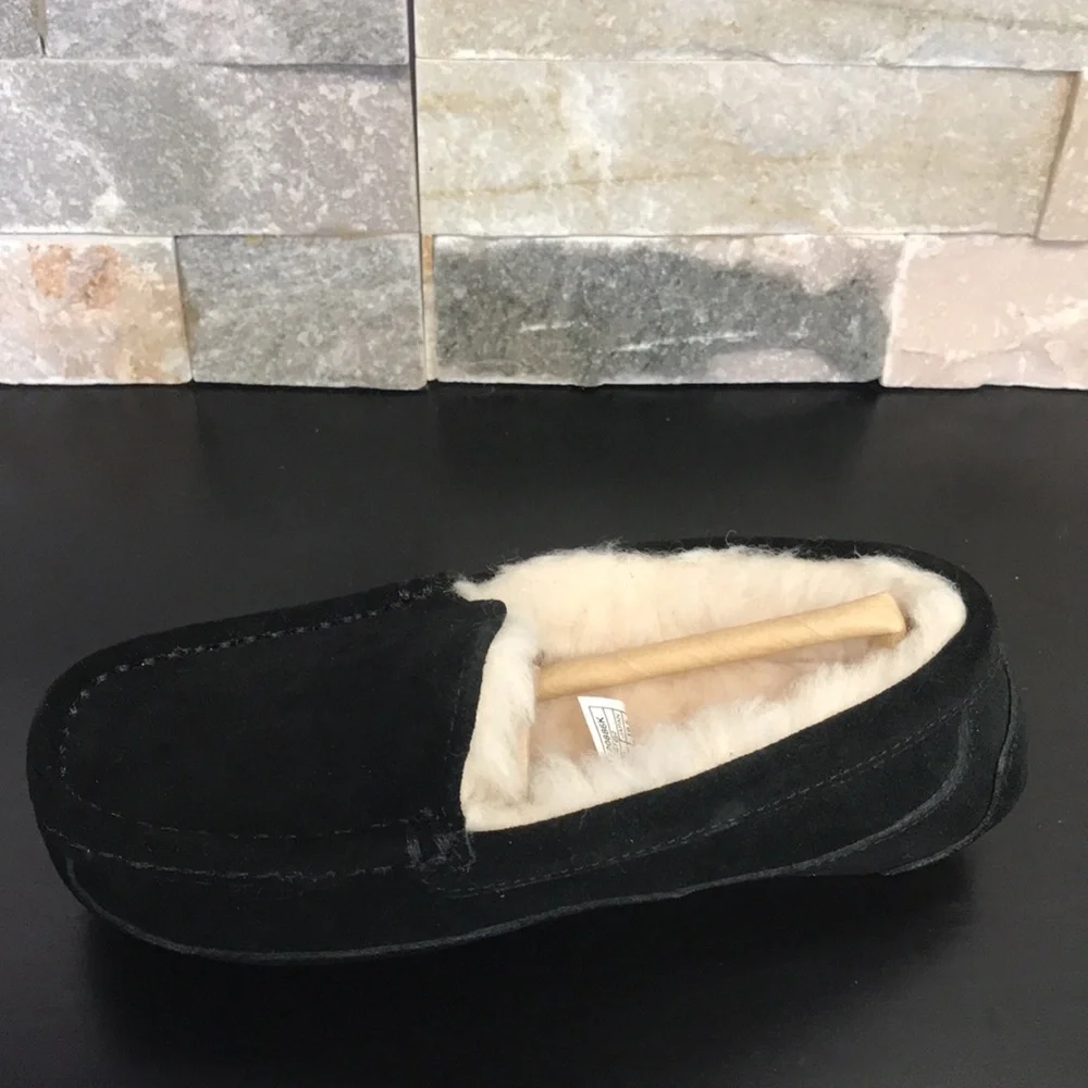UGG Kids Black Suede Moccasin Slippers with Cream Shearling Lining